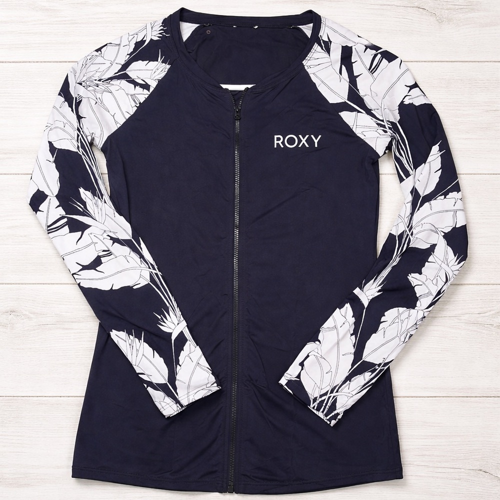 Roxy Navy Zip-Front Long Sleeve Rash Guard with White Floral Sleeves